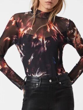 AllSaints Black Long Sleeve ELIA Semi Sheer Flames Bodysuit Top Size 6